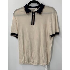 Ka/noa Mens Beige Short Sleeve w/ Navy Brown Trim Polo Shirt sz XL